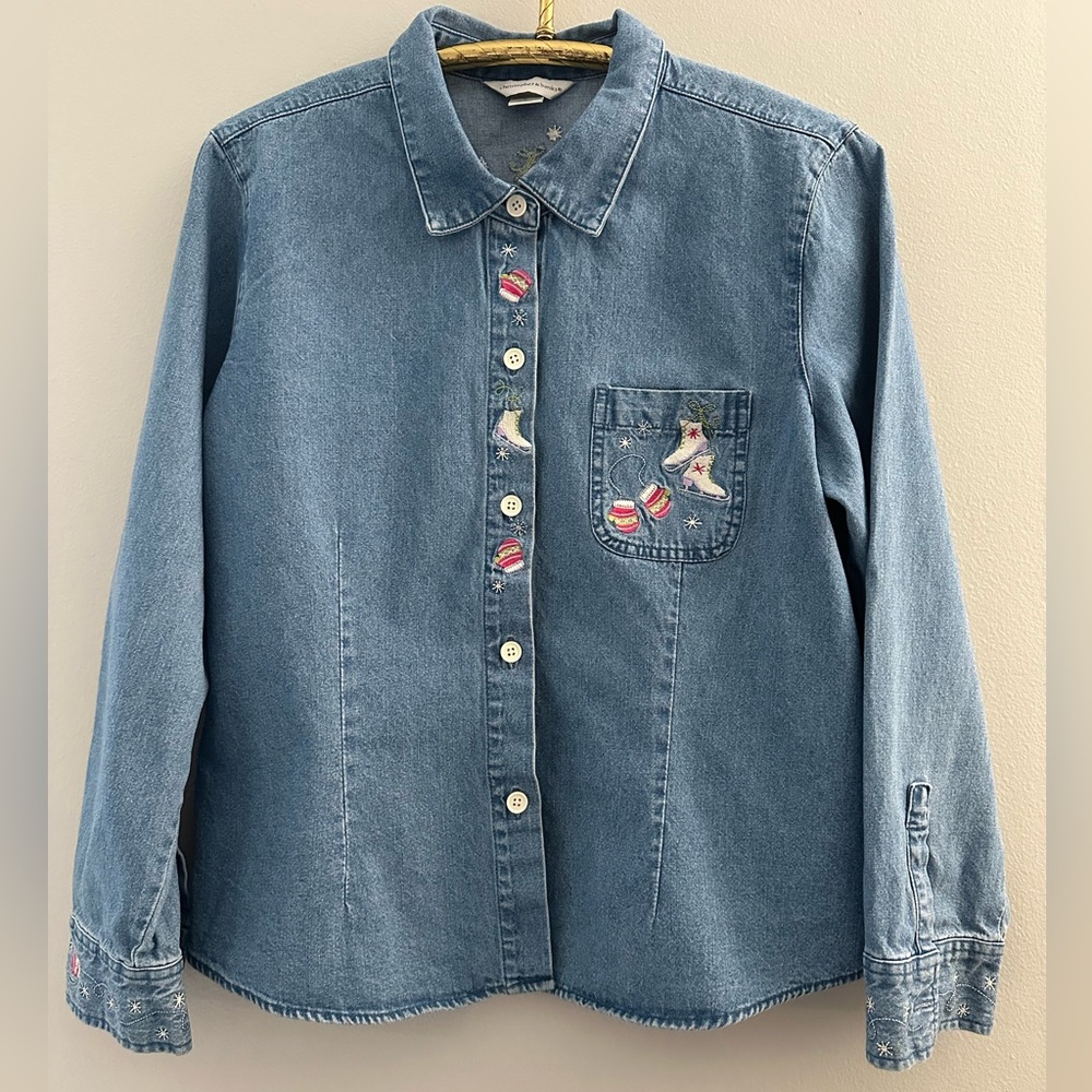 Christopher & Banks Ice Skate Winter Embroidered Denim Long Sleeves Button-Up